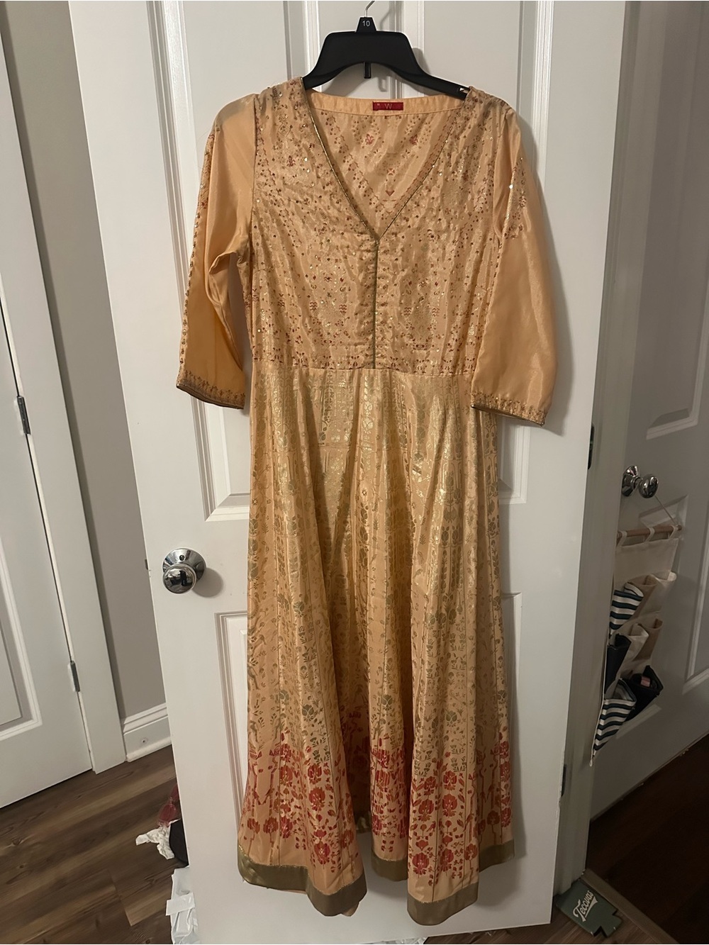 W for Women Indian Light Pink Gold Embellished Maxi Dress with Red Floral Border
